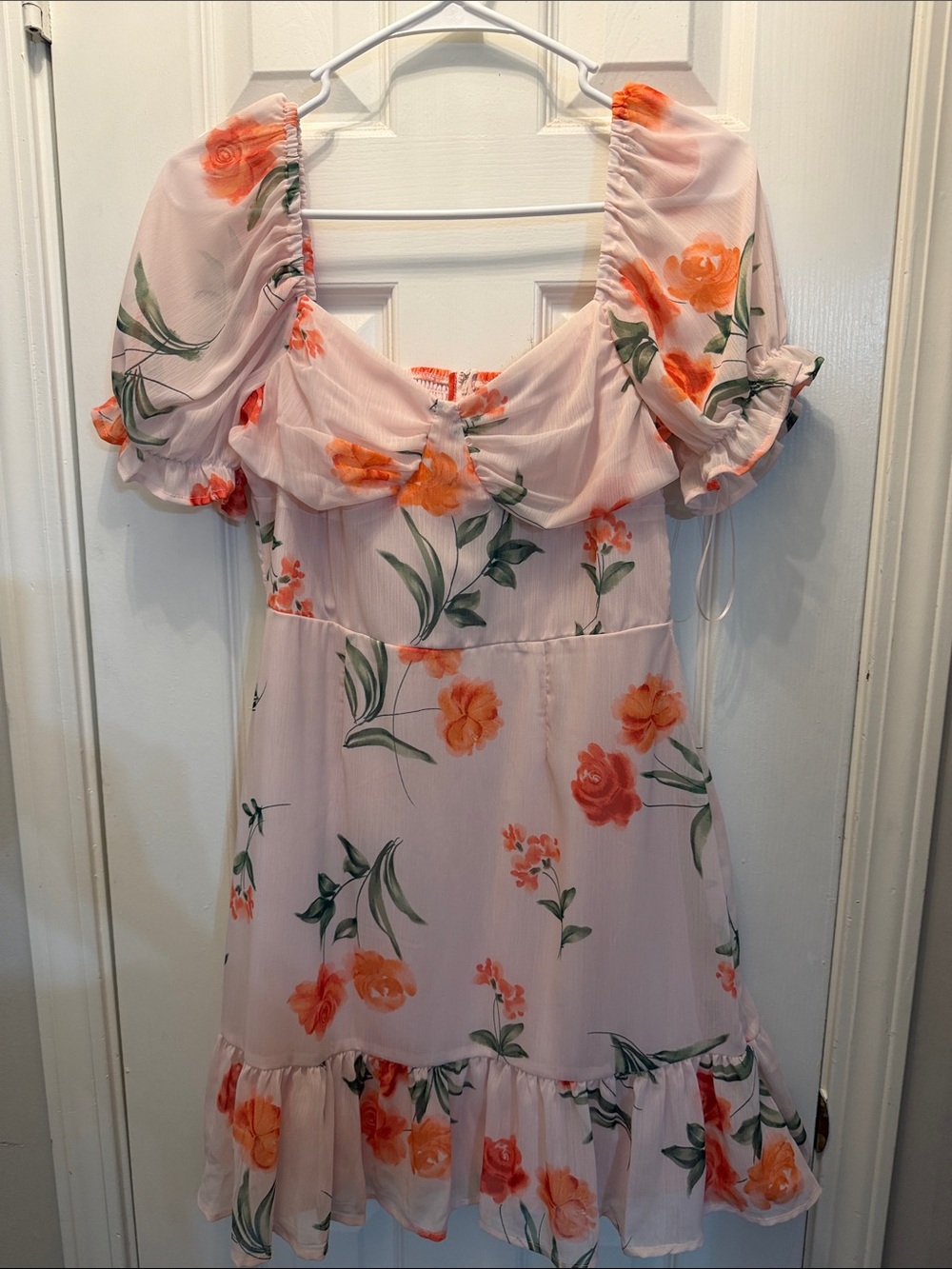 Gianni Bini Pink Floral Puff Sleeve Mini Dress with Orange Blooms